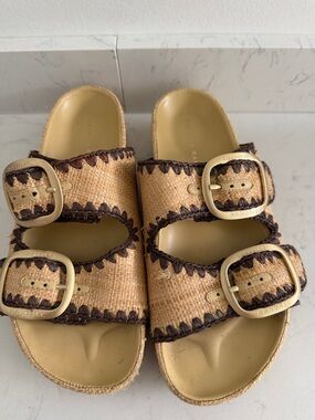 Loeffler Randall Natural Woven Double-Buckle Slides with Dark Trim.